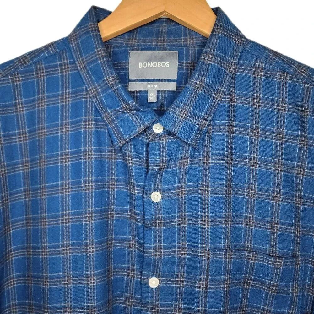 Bonobos Mens XXL Blue & Brown Plaid Long Sleeve Flannel Button Up Shirt - Picture 5 of 5